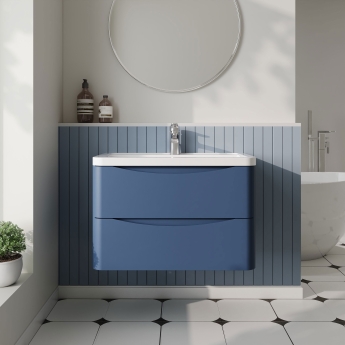 Nuie Lunar Wall Hung 2-Drawer Vanity Unit with Ceramic Basin 800mm Wide - Satin Blue | Product Image