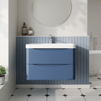 Nuie Lunar Wall Hung 2-Drawer Vanity Unit with 1TH Thin-Edged Basin 800mm Wide - Satin Blue | Product Image