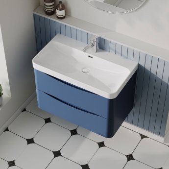 Nuie Lunar Wall Hung 2-Drawer Vanity Unit with 1TH Thin-Edged Basin 800mm Wide - Satin Blue | Product Image