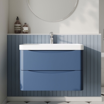 Nuie Lunar Wall Hung 2-Drawer Vanity Unit with 1TH Thin-Edged Basin 800mm Wide - Satin Blue | Product Image
