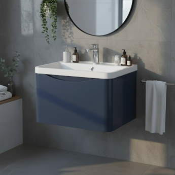 Nuie Lunar Wall Hung 1-Drawer Vanity Unit with Polymarble Basin 600mm Wide - Satin Blue