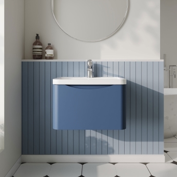 Nuie Lunar Wall Hung 1-Drawer Vanity Unit with Polymarble Basin 600mm Wide - Satin Blue | Product Image