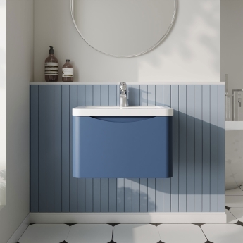 Nuie Lunar Wall Hung 1-Drawer Vanity Unit with Ceramic Basin 600mm Wide - Satin Blue | Product Image