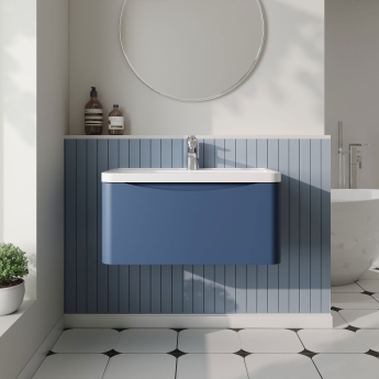 Nuie Lunar Wall Hung 1-Drawer Vanity Unit with Polymarble Basin 800mm Wide - Satin Blue | Product Image