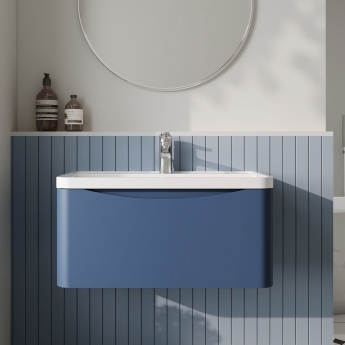 Nuie Lunar Wall Hung 1-Drawer Vanity Unit with Polymarble Basin 800mm Wide - Satin Blue | Product Image