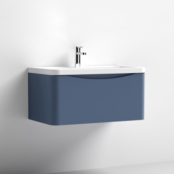 Nuie Lunar Wall Hung 1-Drawer Vanity Unit with Polymarble Basin 800mm Wide - Satin Blue