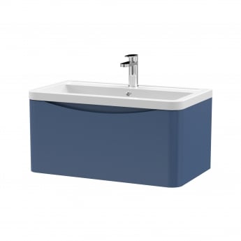 Nuie Lunar Wall Hung 1-Drawer Vanity Unit with Ceramic Basin 800mm Wide - Satin Blue