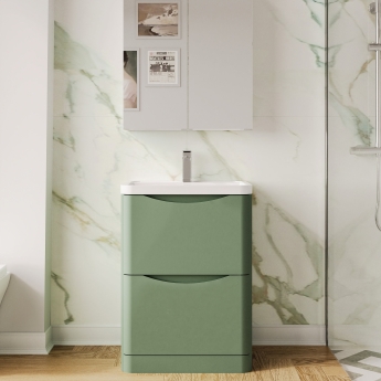 Nuie Lunar Floor Standing 2-Drawer Vanity Unit with Polymarble Basin 600mm Wide - Satin Green | Product Image