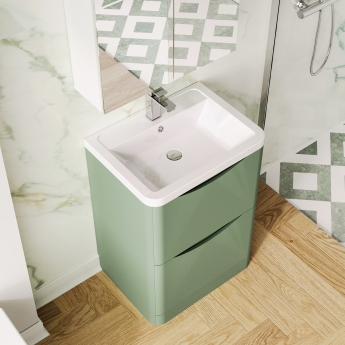 Nuie Lunar Floor Standing 2-Drawer Vanity Unit with Ceramic Basin 600mm Wide - Satin Green | Product Image