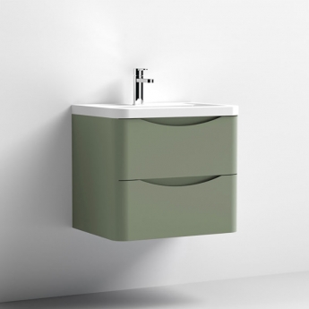 Nuie Lunar Wall Hung 2-Drawer Vanity Unit with Polymarble Basin 600mm Wide - Satin Green