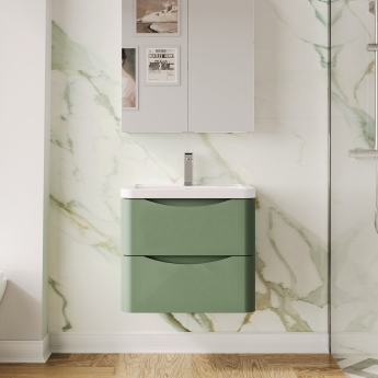 Nuie Lunar Wall Hung 2-Drawer Vanity Unit with Ceramic Basin 600mm Wide - Satin Green | Product Image