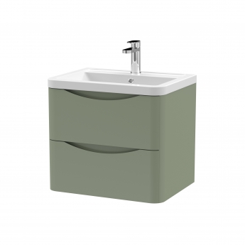 Nuie Lunar Wall Hung 2-Drawer Vanity Unit with Ceramic Basin 600mm Wide - Satin Green