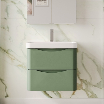 Nuie Lunar Wall Hung 2-Drawer Vanity Unit with 1TH Thin-Edged Basin 600mm Wide - Satin Green | Product Image