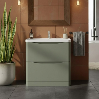 Nuie Lunar Floor Standing 2-Drawer Vanity Unit with Polymarble Basin 800mm Wide - Satin Green