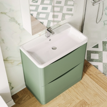 Nuie Lunar Floor Standing 2-Drawer Vanity Unit with Polymarble Basin 800mm Wide - Satin Green | Product Image
