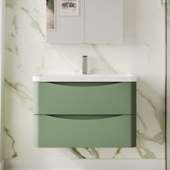 Nuie Lunar Wall Hung 2-Drawer Vanity Unit with Polymarble Basin 800mm Wide - Satin Green | Product Image