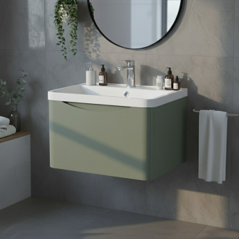 Nuie Lunar Wall Hung 1-Drawer Vanity Unit with Polymarble Basin 600mm Wide - Satin Green