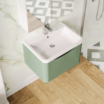 Nuie Lunar Wall Hung 1-Drawer Vanity Unit with Polymarble Basin 600mm Wide - Satin Green | Product Image