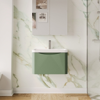 Nuie Lunar Wall Hung 1-Drawer Vanity Unit with Polymarble Basin 600mm Wide - Satin Green | Product Image