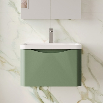 Nuie Lunar Wall Hung 1-Drawer Vanity Unit with Polymarble Basin 600mm Wide - Satin Green | Product Image