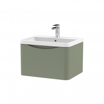 Nuie Lunar Wall Hung 1-Drawer Vanity Unit with Polymarble Basin 600mm Wide - Satin Green