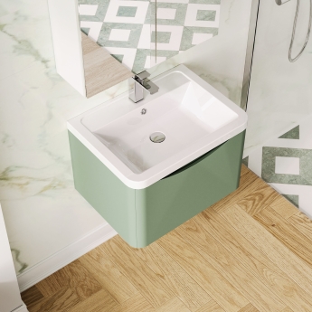 Nuie Lunar Wall Hung 1-Drawer Vanity Unit with Ceramic Basin 600mm Wide - Satin Green | Product Image
