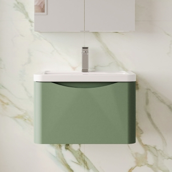 Nuie Lunar Wall Hung 1-Drawer Vanity Unit with Ceramic Basin 600mm Wide - Satin Green | Product Image