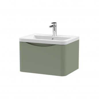 Nuie Lunar Wall Hung 1-Drawer Vanity Unit with Ceramic Basin 600mm Wide - Satin Green