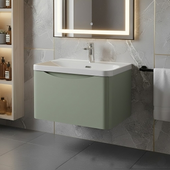 Nuie Lunar Wall Hung 1-Drawer Vanity Unit with 1TH Thin-Edged Basin 600mm Wide - Satin Green