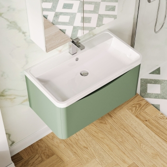 Nuie Lunar Wall Hung 1-Drawer Vanity Unit with Polymarble Basin 800mm Wide - Satin Green | Product Image