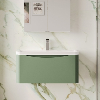 Nuie Lunar Wall Hung 1-Drawer Vanity Unit with Polymarble Basin 800mm Wide - Satin Green | Product Image