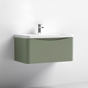 Nuie Lunar Wall Hung 1-Drawer Vanity Unit with Polymarble Basin 800mm Wide - Satin Green