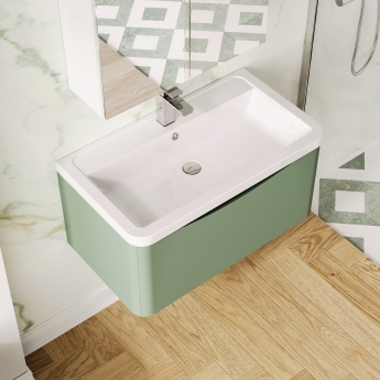 Nuie Lunar Wall Hung 1-Drawer Vanity Unit with Ceramic Basin 800mm Wide - Satin Green | Product Image