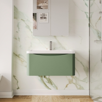 Nuie Lunar Wall Hung 1-Drawer Vanity Unit with Ceramic Basin 800mm Wide - Satin Green | Product Image