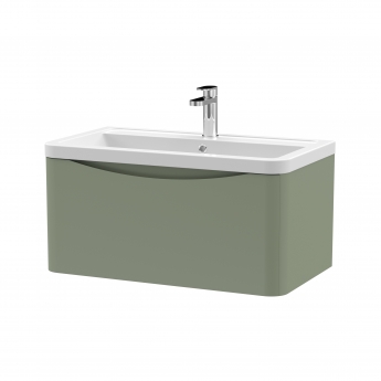 Nuie Lunar Wall Hung 1-Drawer Vanity Unit with Ceramic Basin 800mm Wide - Satin Green