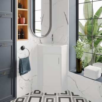 Nuie Mayford Floor Standing Corner 1-Door Vanity Unit with Basin 550mm Wide - Gloss White