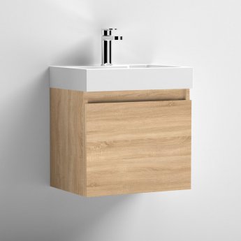 Nuie Merit Wall Hung 1-Door Vanity Unit with L-Shaped Basin 500mm Wide - Natural Oak