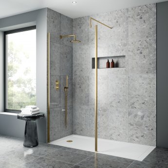 Nuie Outer Framed Wetroom Screen 760mm W x 1850mm H with Support Bar 8mm Glass - Brushed Brass