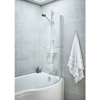 Nuie Curved P-Shaped Hinged Bath Screen with Towel Bar 1430mm H x 715mm W - 6mm Glass