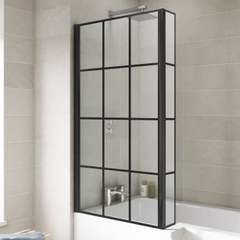 Nuie Pacific Square Matt Black Framed Bath Screen with Fixed Return Panel 1430mm H x 808mm W - 6mm Glass