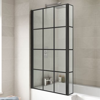 Nuie Pacific Square Matt Black Framed Bath Screen with Fixed Return Panel 1430mm H x 795mm W - 6mm Glass
