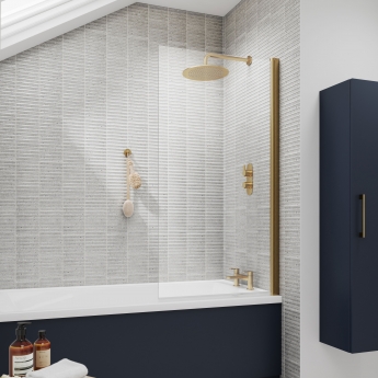 Nuie Pacific Brushed Brass Profile Square Hinged Bath Screen 1430mm H x 790mm W - 6mm Glass