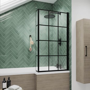 Nuie Pacific Square Matt Black Framed Bath Screen with Fixed Return Panel 1430mm H x 795mm W - 6mm Glass