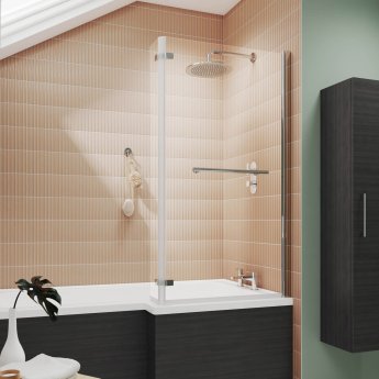 Nuie Pacific L-Shaped Fixed Bath Screen with Hinged End Panel and Towel Bar 1416mm H x 815mm W - 6mm Glass