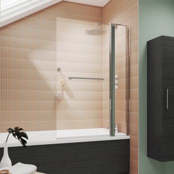 Nuie Pacific Square Hinged Bath Screen with Fixed Panel and Towel Bar 1433mm H x 1005mm W - 6mm Glass
