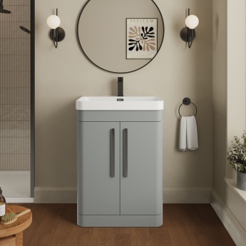 Nuie Parade Floor Standing 2-Door Vanity Unit with 1TH Thin-Edged Basin 600mm Wide - Satin Grey | Product Image