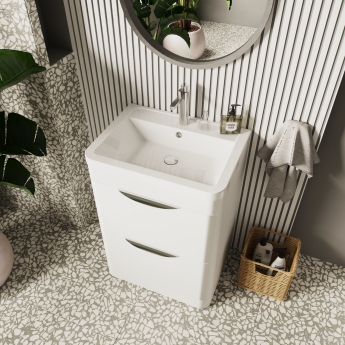 Nuie Parade Floor Standing 2-Drawer Vanity Unit with Ceramic Basin 600mm Wide - White Gloss