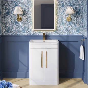 Nuie Parade Floor Standing 2-Door Vanity Unit with Ceramic Basin 600mm Wide - Gloss White | Product Image