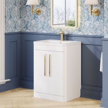 Nuie Parade Floor Standing 2-Door Vanity Unit with Ceramic Basin 600mm Wide - Gloss White | Product Image
