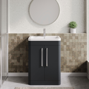 Nuie Parade Floor Standing 2-Door Vanity Unit with Ceramic Basin 600mm Wide - Satin Anthracite | Product Image